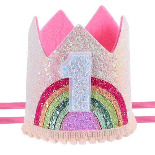 Bremorou Krone zum ersten Geburtstag, Geschenk für Mädchen, rosa Pailletten, Regenbogen-Kopfbedeckung, Dekoration für erste Geburtstage, Prinzessinnen-Tiara, Geburtstagsdekorationen für Mädchen, Party von Bremorou