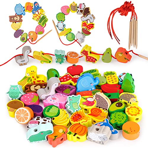 Holzspielzeug Fädelspiel Montessori Lernspiel Spielzeug Holzperlen Obst Tier Zahl Alphabet Geschenk für 3 4 5 Jahr Kinder von Kiss Baby