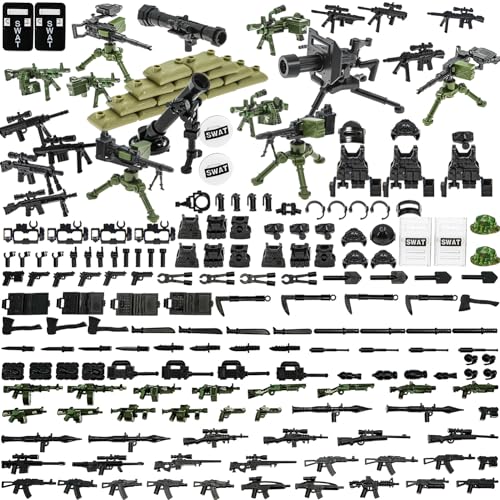BrickBounty 130 Stück Waffen-Waffen-Packs Spielzeug für große Marke Baustein, Helm Weste Ausrüstung Set für Ziegeln-Soldat Minifiguren WW2 Militärstützpunkte SWAT Rangers Ammo. von BrickBounty