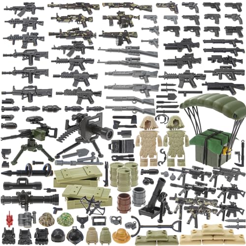 BrickBounty 180 Stück Pistolen-Waffen-Pakete für Hauptmarke Baustein, Müdigkeiten Airdrop Fallschirm Ausrüstung Zubehör Set für Ziegeln-Soldat Minifiguren Armee WW2 Rangers Ammo. von BrickBounty