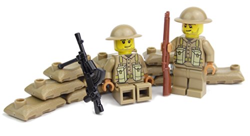 Britische MG Stellung mit Bren MG | Zwei britische Soldaten mit BrickArms Brodie Helm und Ausrüstung | Bedruckte Custom Figuren von BricksStuff