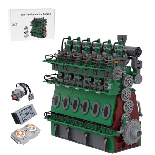 Bricksdiytoy Motor Klemmbausteine Bausatz, Zweitakt Hubkolben Dieselmotor Schiffsmotor Modell, DIY Montage Spielzeug Bauklötze Set, Geschenk für Motorlüfter (Dynamische Version/3929Teile/Grün) von Bricksdiytoy