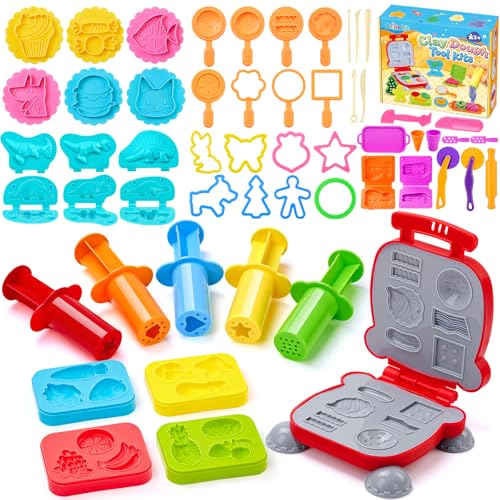 Bridokit 54 Stück Knete Zubehör Set, Knetwerkzeug für Kinder Formen Enthalten Burger Eiscreme, Nudelmaschine, Dinosauriern, mit Aufbewahrungstasche, Knete Dough Set für Jungen Mädchen von Bridokit