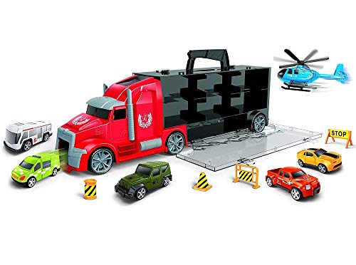 Brigamo Action Spielzeugauto Set mit Truck und integrierter Startrampe im LKW, Autotransporter inkl. Tragegriff mit 5 Spielzeugautos, Hubschrauber und Verkehrszeichen von Brigamo
