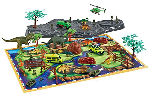 Brigamo Dinosaurier Spielzeug Set mit Spielunterlage, Dino Figuren,Spielzeugautos und Soldaten Figuren von Brigamo