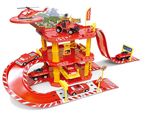 Brigamo Feuerwehr Station Parkhaus Rennbahn mit Spielzeugauto und Hubschrauber von Brigamo