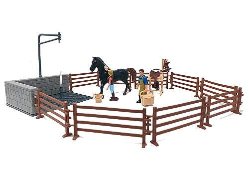 Brigamo Pferdekoppel mit Waschplatz Spielzeug Pferd, Bauer und Pferde Pflegerin Figur von Brigamo