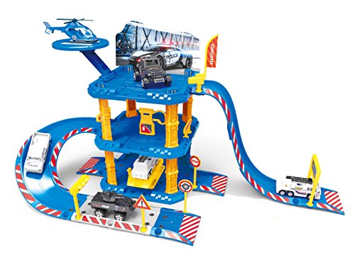 Brigamo Polizei Station Parkhaus Rennbahn mit Spielzeugauto und Hubschrauber von Brigamo