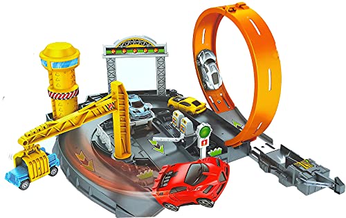 Brigamo Looping Rennbahn Spielzeugauto Werkstatt mit Katapultstarter, Auto Spielzeug inkl. 4 Spielzeug Autos von Brigamo