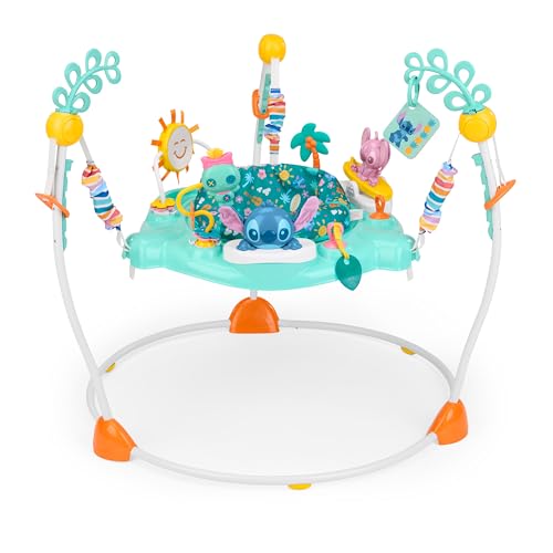 Bright Starts Disney Stitch Little Ohana Baby-Aktivitätshopser mit interaktiven Spielzeugen, Baby Bouncer Lichtern und Musik mit Stitch, Angel und Scrump, 6–12 Monate (blau) von Bright Starts