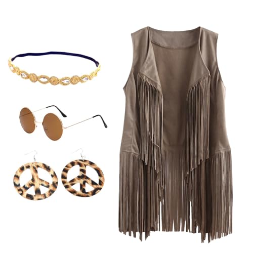 BrightGlow Hippie Kostüm Damen Fransen Weste 70er Jahre ärmellose Weste Karneval Faschingskostüme Disco Outfit Kostüm Cardigan Wildleder Halloween Kostüm mit Ohrringe Kopfring Brillen Beige S von BrightGlow
