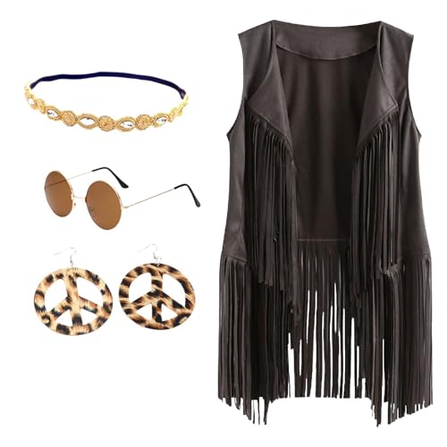 BrightGlow Hippie Kostüm Damen Fransen Weste 70er Jahre ärmellose Weste Karneval Faschingskostüme Disco Outfit Kostüm Cardigan Wildleder Halloween Kostüm mit Ohrringe Kopfring Brillen Grau S von BrightGlow