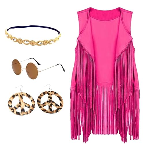 BrightGlow Hippie Kostüm Damen Fransen Weste 70er Jahre ärmellose Weste Karneval Faschingskostüme Disco Outfit Kostüm Cardigan Wildleder Halloween Kostüm mit Ohrringe Kopfring Brillen Rosa L von BrightGlow