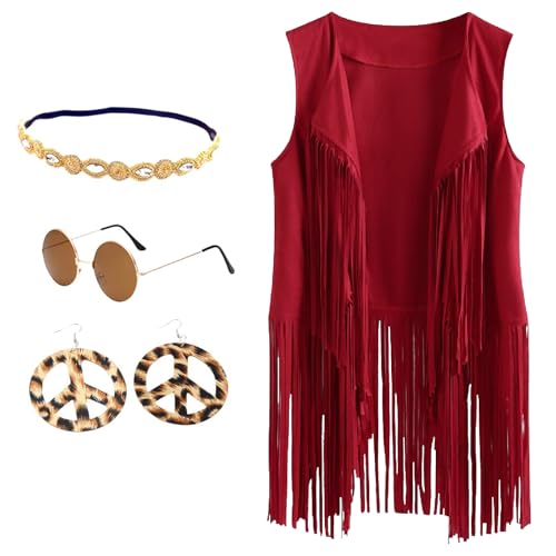 BrightGlow Hippie Kostüm Damen Fransen Weste 70er Jahre ärmellose Weste Karneval Faschingskostüme Disco Outfit Kostüm Cardigan Wildleder Halloween Kostüm mit Ohrringe Kopfring Brillen Rot S von BrightGlow