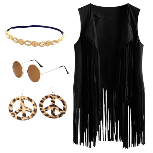 BrightGlow Hippie Kostüm Damen Fransen Weste 70er Jahre ärmellose Weste Karneval Faschingskostüme Disco Outfit Kostüm Cardigan Wildleder Halloween Kostüm mit Ohrringe Kopfring Brillen Schwarz XXXL von BrightGlow