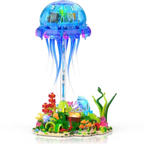 Brihappen Quallen Bausteine Set mit Lichtern für Erwachsene, Meerestier Klemmbausteine Bausatz Spielzeug Modell Sammler Deko, Geburtstagsgeschenk für Mädchen Kinder Jungen von Brihappen