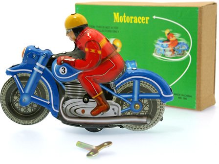Jesters Aufziehbares blaues Motorrad Racer mechanisches Uhrwerk Retro Blechspielzeug Nachbildung von Brimtoy