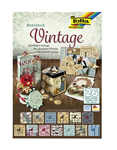 folia 47549 - Motivblock Vintage, 24 x 34 cm, 26 Blatt sortiert, 13 x Motivkarton 270 g/qm und 13 x Motivpapier 80 g/qm, für vielfältige Bastelarbeiten von folia