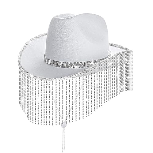 Briskorry Cowboy Hut Damen Partybrille Accessoires Cowgirl Hut Strass Cowgirl Hüte Für Frauen Cowboyhut mit Flauschig und Glitzer Mütze Party Karneval Kostüm Kostümzubehör (Weiß, Einheitsgröße) von Briskorry