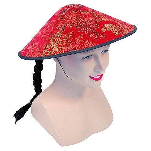 Bristol Novelty BH441 Chinesischer Coolie-Hut Stoff mit Zopf, Unisex Adult, Rot, Schwarz, Einheitsgröße Bristol Novelty BH441 Chinesischer Coolie-Hut Stoff mit Zopf, Unisex Adult, Rot, Schwarz, Einheitsgröße von Bristol Novelty