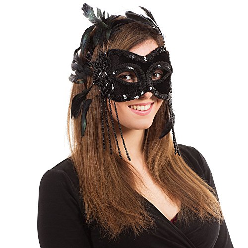 Bristol Novelty EM196 Federmaske, schwarz, 1 Stück, Augen, Damen, Einheitsgröße Samt-Augenmaske mit Federn an Kopfband Halloween von Bristol Novelty