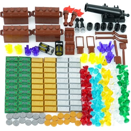 Piraten Schatztruhe Geld Dollar, Silber Golden Bar Edelsteine Kristalle Tasche Fackel Kanone Ziegel Zubehör Pack, Bausteine Spielzeug Piraten Schatztruhe Geld Dollar, Silber Golden Bar Edelsteine Kristalle Tasche Fackel Kanone Ziegel Zubehör Pack, Bausteine Spielzeug von BroTex