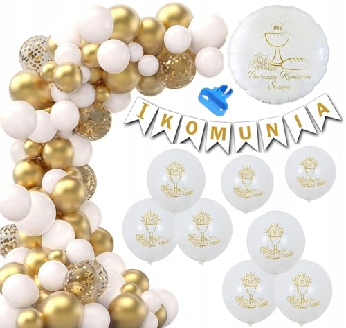 BALONS ERSTE KOMMON HEILIGE KOMMUNION-GIRLAND WEISS GOLD SET XXL von Brokatove