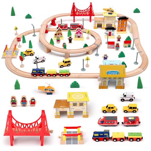 Brolteja Schienen Auto Spielzeug,108 Pcs City-Zugset für Kinder Erweiterbares Holzeisenbahn-Set,Elektrische Eisenbahn Kinder, Eisenbahn Zug Spielzeug mit Zuggleis und 4 Zugwaggons Brolteja Schienen Auto Spielzeug,108 Pcs City-Zugset für Kinder Erweiterbares Holzeisenbahn-Set,Elektrische Eisenbahn Kinder, Eisenbahn Zug Spielzeug mit Zuggleis und 4 Zugwaggons von Brolteja