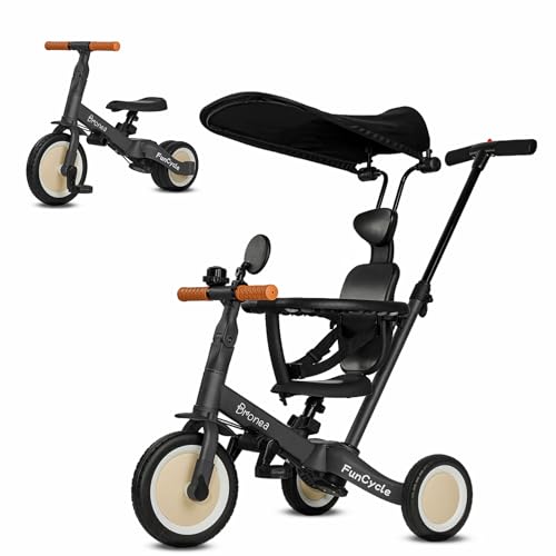 BRONEA® 5-in-1 Dreirad ab 1 Jahr mit Schubstange | Wächst mit Ihrem Kind vom Kinderdreirad bis Laufrad | Mit Gurt, Dach & Zubehör wie Getränkehalter, Spiegel, Klingel (Grau) von Bronea