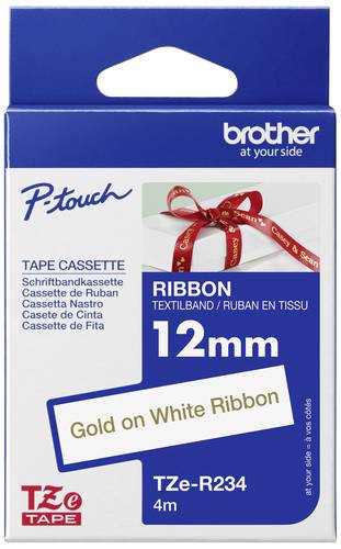Brother Schriftband Textil unlaminiert TZe TZe-R234 Bandfarbe: Weiß Schriftfarbe:Gold 12mm 4m von Brother