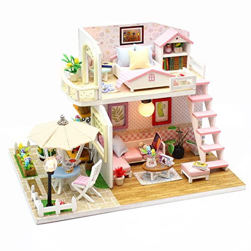 DIY-Puppenhaus, Puppenhaus-Miniatur-DIY-Puppenhaus-Bausatz aus Holz mit Möbeln und LED-Lichtmusik, Pink Loft DIY-Puppenhaus, Puppenhaus-Miniatur-DIY-Puppenhaus-Bausatz aus Holz mit Möbeln und LED-Lichtmusik, Pink Loft von Brrnoo