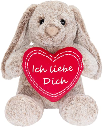 BRUBAKER Hase Kuscheltier mit Herz Rot und Schlappohren - Ich Liebe Dich - 28 cm Plüschhasen Geschenk - Stofftier Kuschelhase - Plüschtier Grau Braun von BRUBAKER