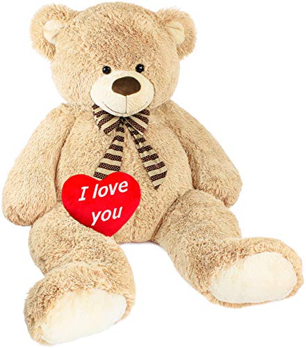 BRUBAKER Riesiger XXL Teddybär 150 cm groß Beige mit einem 'I Love You' Plüschherz von BRUBAKER