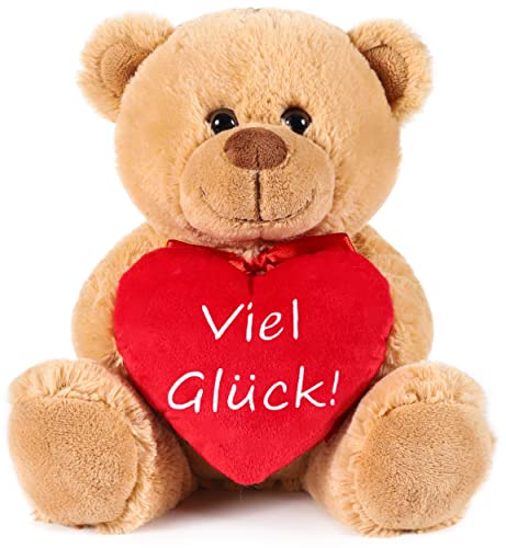 BRUBAKER Teddy Plüschbär mit Herz Rot - Viel Glück - 25 cm - Teddybär Plüschteddy Kuscheltier Schmusetier - Stofftier Braun Hellbraun von BRUBAKER