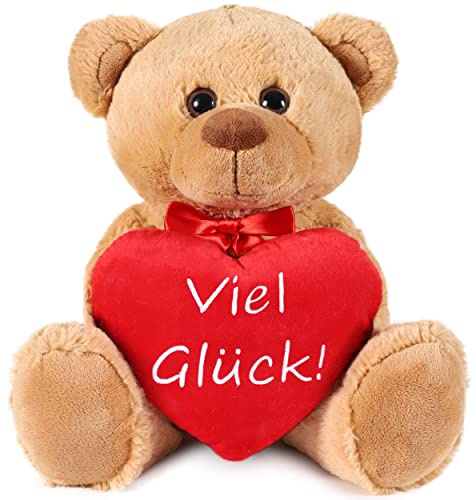 BRUBAKER Teddy Plüschbär mit Herz Rot - Viel Glück - 35 cm - Teddybär Plüschteddy Kuscheltier Schmusetier - Stofftier Braun Hellbraun von BRUBAKER