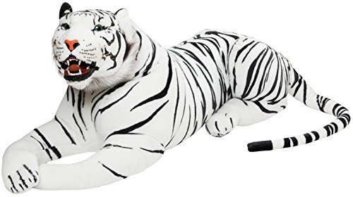 BRUBAKER Brüllender Tiger - Kuscheltier mit Zähnen Weiß 130 cm - liegend lebensecht Stofftier Plüschtier - König des Dschungels von BRUBAKER