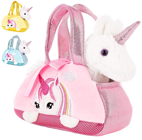 BRUBAKER Einhorn Tasche Weiß - 20 cm - Plüschtier in Handtasche - Plüsch Stofftier Kuscheltier - Rosa von BRUBAKER