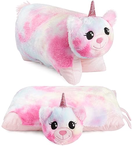 BRUBAKER Kuscheltier-Kissen Einhorn - 2 in 1 Plüschtier und Kuschelkissen - 40 x 30 cm Kuscheleinhorn - aufklappbares Kinder Plüschkissen mit Klettverschluss - Einhornkissen Stofftier - Bunt von BRUBAKER