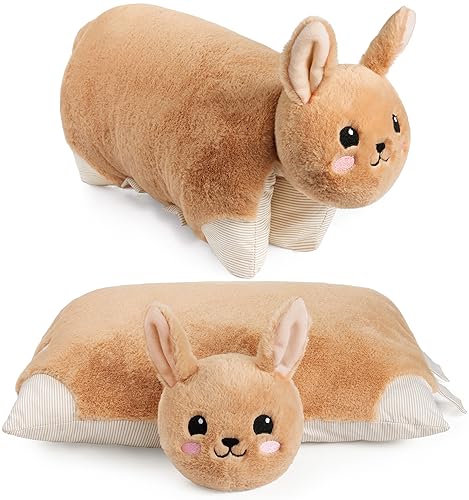 BRUBAKER Kuscheltier-Kissen Hase - 2 in 1 Plüschtier und Kuschelkissen - 40 x 30 cm Kuschelhase - aufklappbares Kinder Plüschkissen mit Klettverschluss - Tierkissen Hasenkissen Stofftier - Braun von BRUBAKER