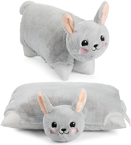 BRUBAKER Kuscheltier-Kissen Hase - 2 in 1 Plüschtier und Kuschelkissen - 40 x 30 cm Kuschelhase - aufklappbares Kinder Plüschkissen mit Klettverschluss - Tierkissen Hasenkissen Stofftier - Grau von BRUBAKER