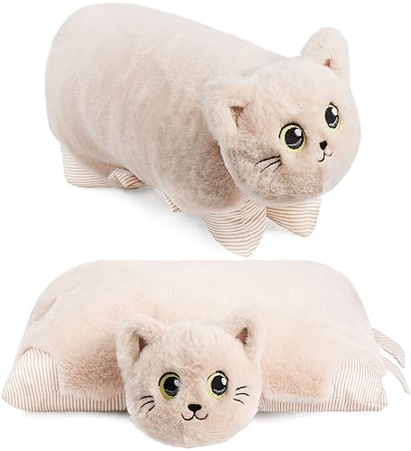 BRUBAKER Kuscheltier-Kissen Katze - 2 in 1 Plüschtier und Kuschelkissen - 40 x 30 cm Kuschelkatze - aufklappbares Kinder Plüschkissen mit Klettverschluss - Tierkissen Katzenkissen - Beige von BRUBAKER