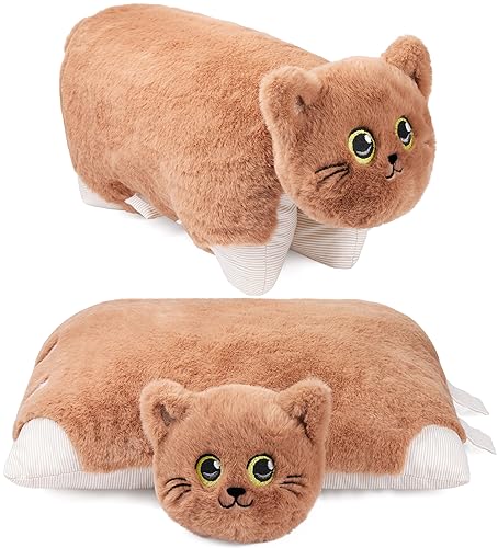 BRUBAKER Kuscheltier-Kissen Katze - 2 in 1 Plüschtier und Kuschelkissen - 40 x 30 cm Kuschelkatze - aufklappbares Kinder Plüschkissen mit Klettverschluss - Tierkissen Katzenkissen - Braun von BRUBAKER