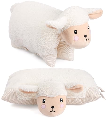 BRUBAKER Kuscheltier-Kissen Schaf - 2 in 1 Plüschtier und Kuschelkissen - 40 x 30 cm Dekokissen - aufklappbares Kinder Plüschkissen mit Klettverschluss - Tierkissen Schafkissen Stofftier - Beige von BRUBAKER