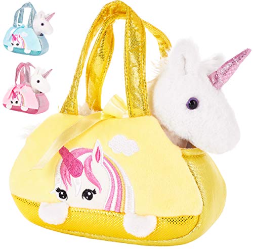 BRUBAKER Einhorn Tasche Weiß - 20 cm - Plüschtier in Handtasche - Plüsch Stofftier Kuscheltier - Gelb von BRUBAKER