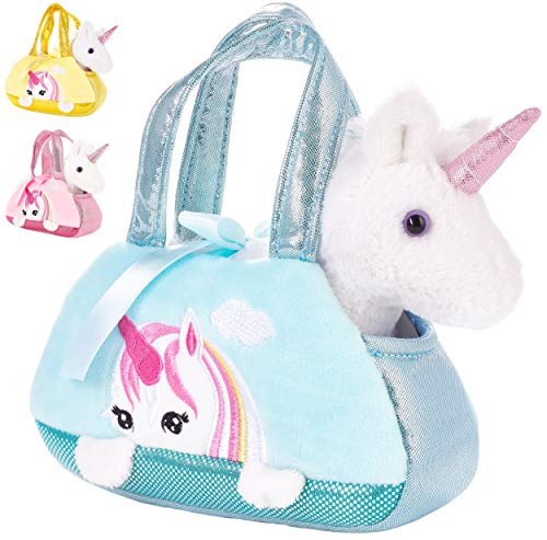 BRUBAKER Einhorn Tasche Weiß - 20 cm - Plüschtier in Handtasche - Plüsch Stofftier Kuscheltier - Mint Blau von BRUBAKER