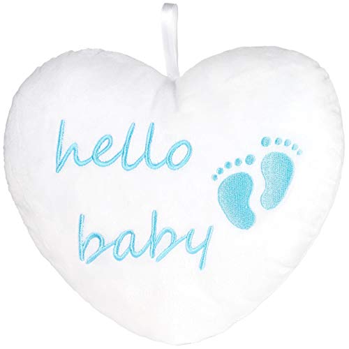 BRUBAKER Plüschherz Hello Baby 25 cm - Babyparty Geschenk zur Geburt - Zierkissen Herz aus Plüsch - Babyzimmer Deko - Kissen für Neugeborene - Baby Junge Hellblau Blau von BRUBAKER