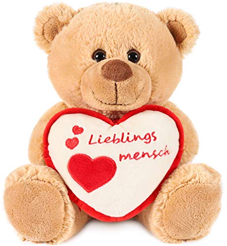 BRUBAKER Teddy Plüschbär mit Herz Rot Beige - Lieblingsmensch - 25 cm - Teddybär Plüschteddy Kuscheltier Schmusetier - Braun Hellbraun von BRUBAKER