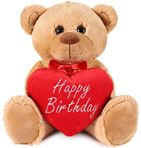 BRUBAKER Teddy Plüschbär mit Herz Rot - Happy Birthday - 35 cm - Teddybär Plüschteddy Kuscheltier Schmusetier - Braun Hellbraun von BRUBAKER