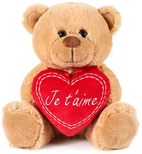 BRUBAKER Teddy Plüschbär mit Herz Rot - Je T'Aime - 25 cm - Teddybär Plüschteddy Kuscheltier Schmusetier - Braun Hellbraun von BRUBAKER