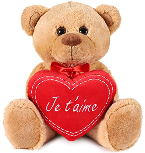 BRUBAKER Teddy Plüschbär mit Herz Rot - Je T'Aime - 35 cm - Teddybär Plüschteddy Kuscheltier Schmusetier - Braun Hellbraun von BRUBAKER